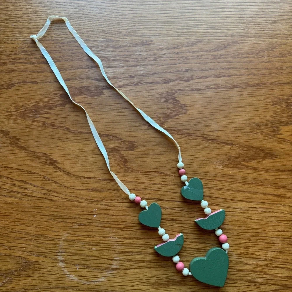 Handmade Wooden Heart Watermelon Beaded Necklace Girls‎ Pink Green